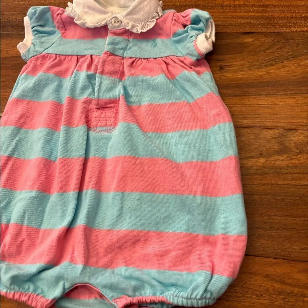 Ralph Lauren pink/blue stripe short sleeve polo romper